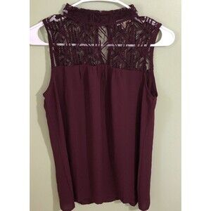 Lily White Women's Sleeveless Top Blouse Burgundy Lace on Top Size XS